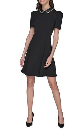Karl Lagerfeld Faux Pearl Detail Crepe Fit & Flare Minidress in Black at Nordstrom, Size 12