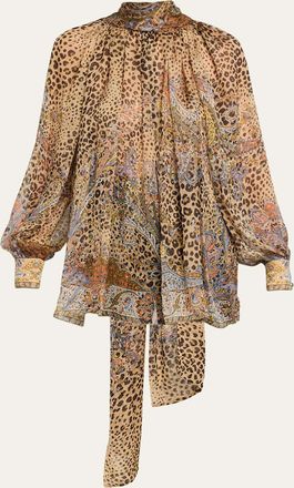 Etro Animal Paisley-Print Silk Scarf-Neck Blouse