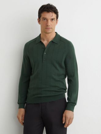 Reiss Dark Green Merino Wool Wide-rib Polo Jumper, Xxl