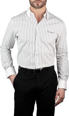 Karl Lagerfeld Trim Fit Stripe Cotton Dress Shirt in Black White at Nordstrom Rack, Size 15.5