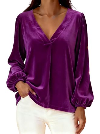 Generic Velvet Tops for Women V Neck Loose Dressy Blouses Long Sleeve Tunic Vintage Holiday Party Shirt Tops (Purple,XXL)