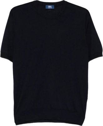 Fedeli Gebreide top met korte mouwen en ronde hals - Heren - Tops - Blauw - Maat: 2XL Zijde