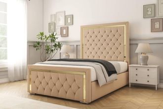 Comfort Beds Sofia Gold Plush Bed Frame With Mattress-50 Upholstered in Stone | Size: Single
