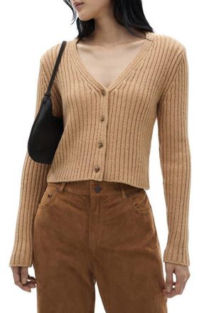 Mango V-Neck Rib Cardigan in Medium Brown at Nordstrom, Size Small