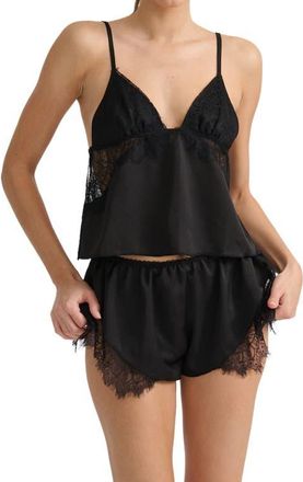 Kat The Label Darcy Lace Trim Satin Tap Shorts in Black at Nordstrom, Size Medium
