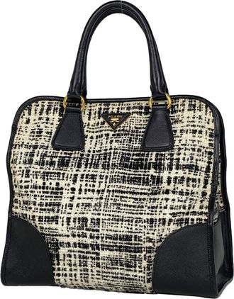 Prada Black White Tweed Saffiano Handbag Tote Bag (Pre-Owned)