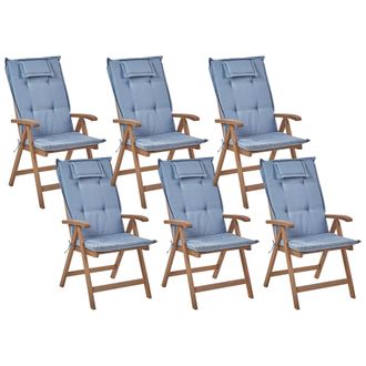 Beliani Conjunto De 6 Sillas De Jard&iacute;n R&uacute;sticas De Madera De Acacia Natural Ajustables Plegables Con Reposabrazos De Madera Oscura Cojines Azules Amantea