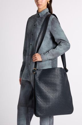 Bottega Veneta Corriere Intrecciato Leather Tote Bag in 4346 Midnight-Brass V at Nordstrom