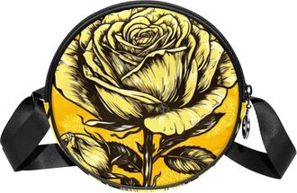Generic Circle Crossbody Bag for Women, Yellow and Black Rose Small Sling Bag Daypack with Zipper Adjustable Shoulder Straps Casual Ladies Girls Round Purse