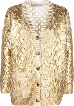 Valentino Cardigans, female, Yellow, S, Metallic-Effect V-Neck Cardigan