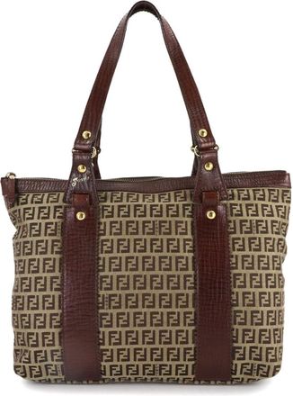 Fendi Beige Brown Canvas Leather Handbag Tote Bag (Pre-Owned)