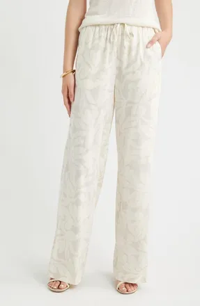 Nordstrom Linen Blend Drawstring Pants in Ivory- Beige Fira Bloom at Nordstrom, Size X-Large