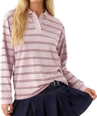 Generic Womens Rugby Polo Shirt - Polka Dot & Striped Pattern Casual Relaxed Fit Long Sleeve Rugby Top for Daily Wear (Pink, XL)