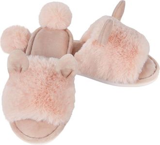 MeMoi Bunny Hop Pom-Pom Open Toe Plush Slippers, Blush Pink, Medium