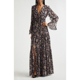 Veronica Beard Akara Long Sleeve Floral Paisley Silk Maxi Dress in Black Multi at Nordstrom, Size 00
