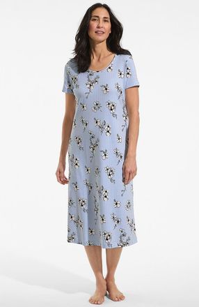 Lands End Cotton Short Sleeve Midcalf Nightgown in Ivory/light Sea Blue Floral at Nordstrom, Size Medium P