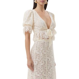 AFRM Wayla Puff Sleeve Lace Babydoll Top in Gardenia at Nordstrom Rack, Size Medium
