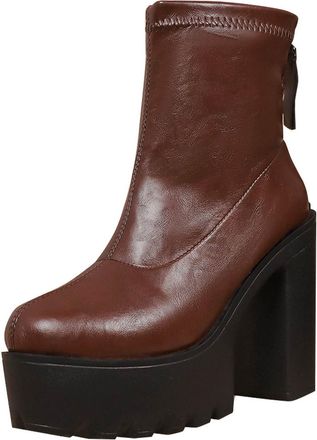 Generic Brown Feminine Boots with Thick Sole Solid Color Thick Heel High Heels Round Toe Mid Calf for Outdoor Activities