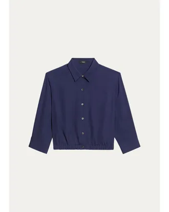 Theory Scrunched-Sleeve Cropped Button-Front Silk Shirt