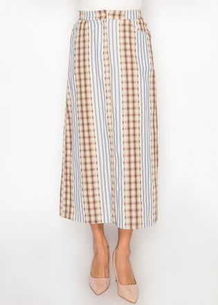 YAL New York Mixed Panel Midi Skirt, Blue & Tan Plaid