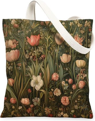 Generic Spring Aesthetic Tulip Canvas Tote Bag for Shopping 13x15, Vintage Flower Garden Reusable Grocery Print Pattern Bag for Women, Floral Wildflower Beach