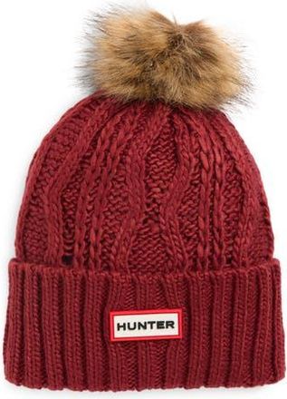 Hunter Logo Cable Knit Faux Fur Pompom Fleece Lined Beanie in Cranberry Red at Nordstrom Rack