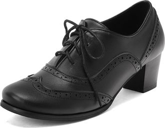 Generic Womens Lace-Up Block Heel Oxfords Brogued Perforation Round Toe Contrast Stitching Smooth Upper Adjustable Laces Stable Durable Shoes,Black,6.5 UK