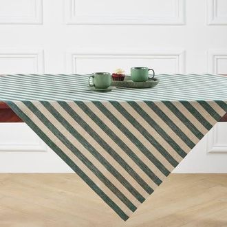 Solino Home Linen Table Throw 52 x 52 Inch for Dining Table, Holiday and Everyday Table Decor - Sorrento Stripe in Hunter Green And Natural at