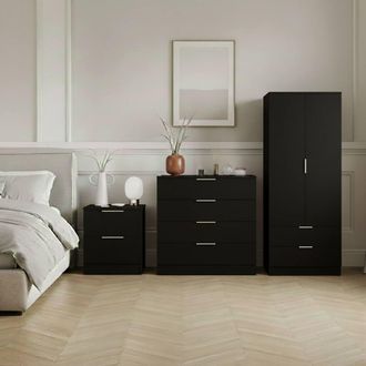 Home Discount Vida Designs Trega 3Pc Bedroom Set(2Dr Bedside, 4Dr Chest & Wardrobe) in Black