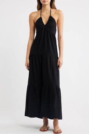 PacSun Kenna Tiered Halter Midi Dress in Black at Nordstrom, Size Medium
