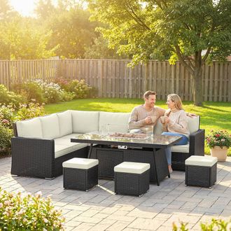 OUTSUNNY 7 Pieces Rattan Garden Furniture Set w/ 50, 000 BTU Fire Pit Table in Cream