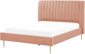 Beliani Cama Con Somier De Terciopelo Rosa Melocot&oacute;n Dorado 140 X 200 Cm Marville