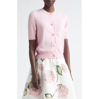Oscar De La Renta Floral Button Crop Virgin Wool Cardigan in Pink/Pink at Nordstrom, Size X-Large