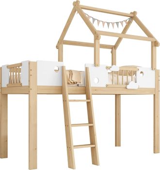 STILVORA Cama Alta 90 X 200 Cm Con Barandilla, Techo Y Escalera Inclinada, Sin Colch&oacute;n, De Madera Y Mdf, Blanco Y Natural