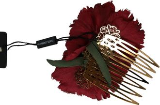 Dolce & Gabbana Red Silk Floral Gold Brass Women Hair Comb Accessory