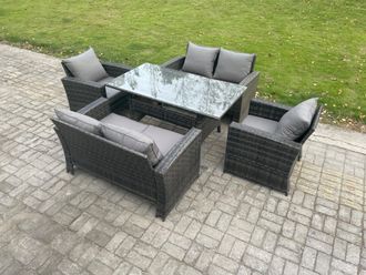 Fimous Rattan Garden Furniture Set 6 Seater Patio Outdoor Lounge Sofa Set with Oblong Dining Table Double Seat Sofa Dark Grey