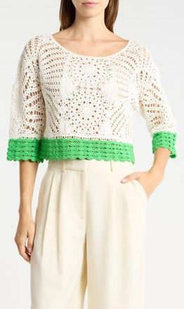 Ramy Brook Kristina Openwork Top in Ivory/tropic Green Colorblock at Nordstrom Rack, Size Xx-Small