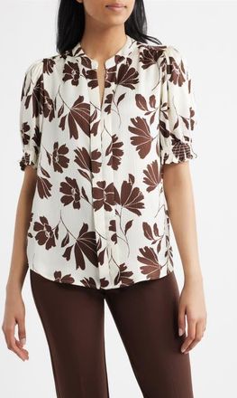 Anne Klein Shirred Short Sleeve Button-Up Shirt in White/Dark Chocolate at Nordstrom, Size X-Small P