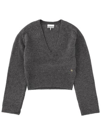 Ganni Wool and Yak Blend V-Neck Sweater - Charcoal