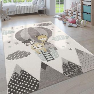 Paco Home Grazioso Tappeto per la Cameretta dei bambini Mongolfiera Nuvole Allegri Animali in Crema Pastello 240x340 cm - Paco Home