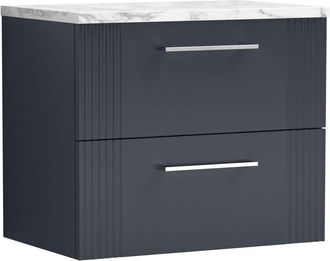 Nuie Nuie - Deco Wall Hung 2-Drawer Vanity Unit with Carrera Marble Worktop 600mm Wide - Satin Anthracite