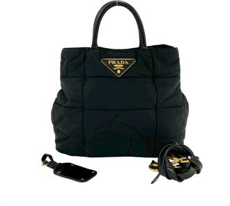 Prada Black Nylon Leather Handbag Shoulder Bag Tote Bag (Pre-Owned)