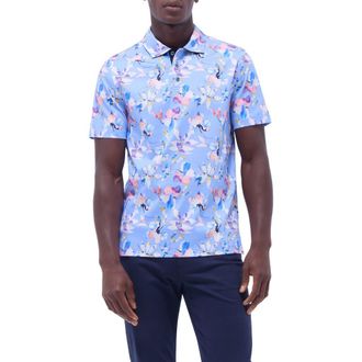Bugatchi Hendrix Digital Floral Print Pima Cotton Polo in Air Blue at Nordstrom Rack, Size Xx-Large