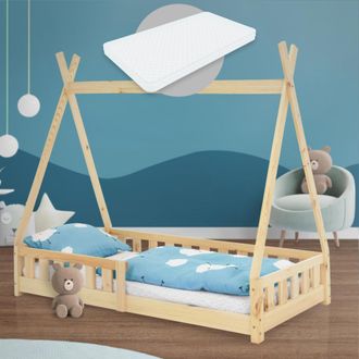 ML Design Ml-design - Lettino Per Bambini Design Tenda Indiana Con Sponde Protezione Anticaduta Rete A Doghe 80 X 160 Cm Letto Da Gioco In Legno Di Pino Massicc