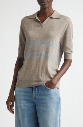 Johnstons of Elgin Coira Stripe Superfine Cashmere Polo in Pebble/Cullen Grey at Nordstrom, Size X-Large
