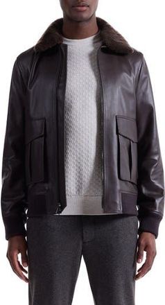 Bugatchi Leather Bomber Jacket with Removable Genuine Shearling Collar in Truffle at Nordstrom Rack, Size Large