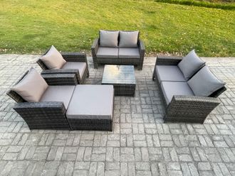 Fimous Rattan Garden Furniture Set 7 Seater Patio Outdoor Lounge Sofa Set with Square Coffee Table Double Seat Sofa Big Footstool in Dark Grey