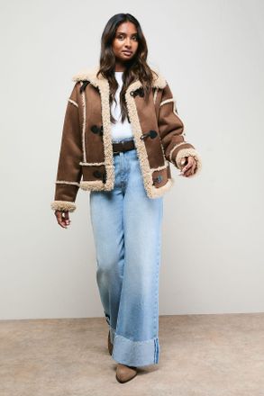 Oasis Womens Shearling Trim Aviator Jacket - Chocolate - Size 12 UK