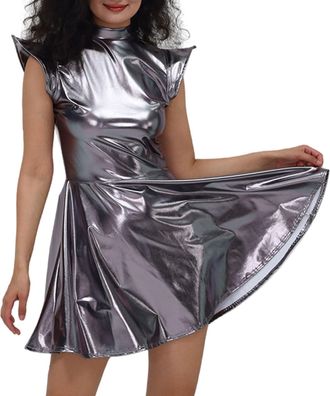 Generic Women Shiny Metallic Dress Holographic High Waisted Flare Skater Dress Carnival Party Outfit Round Neck High Waist Holographic Nightclub Outfit Camouf