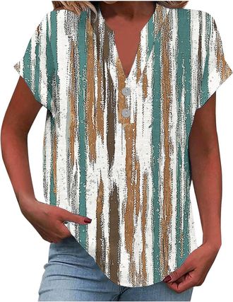 Generic Ladies Summer Tops Button Short Sleeve V Neck Tops Dressy Casual Hawaiian Shirts Cotton Linen Workout Holiday Tunic Blouses Loose Fitted Floral Boho W